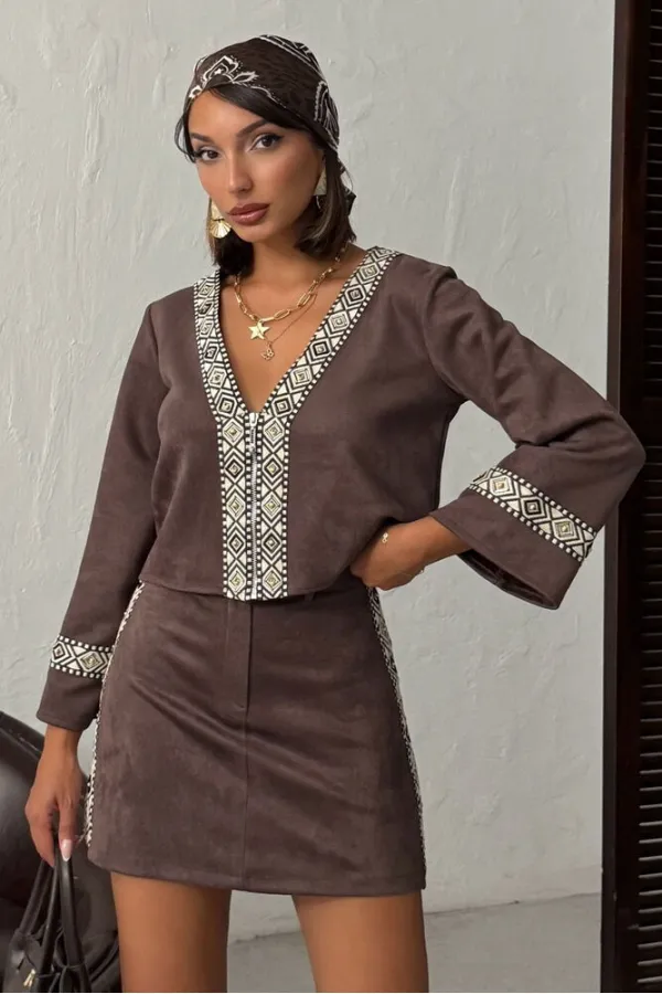 Topshow Stripe Detailed Scuba Suede Zippered Jacket - Brown | F1971