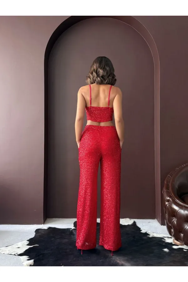 Topshow - Wholesale Sequined Wide Leg Women's Trousers - Elegant Night Outfit - Red