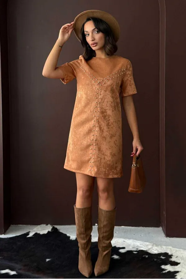 Topshow Drop Suede Wholesale Dress - Tan | F2039