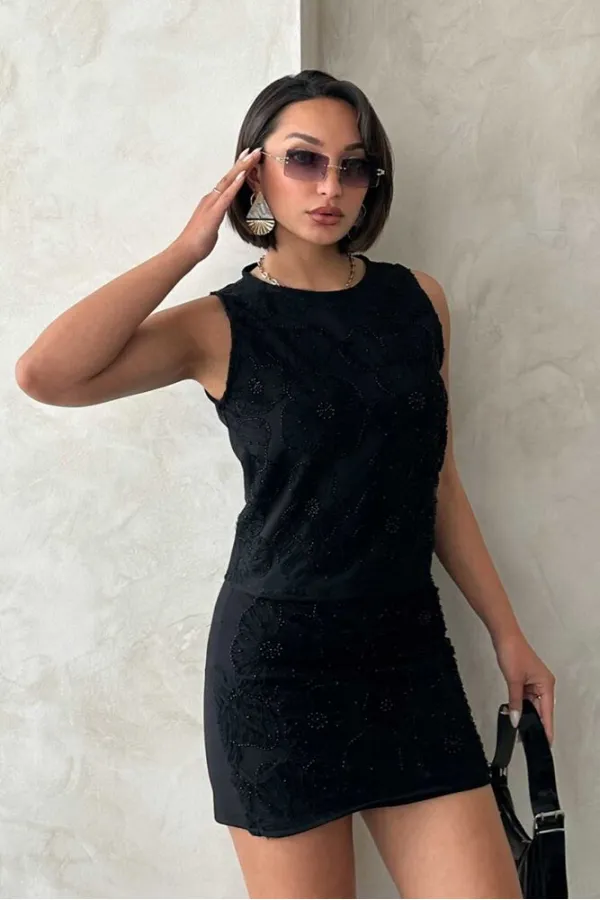 Beaded Sleeveless Wholesale Blouse - Black | Topshow