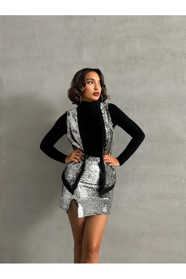 Pullu Toptan Yelek - Gümüş Gold | TOPSHOW | F1750