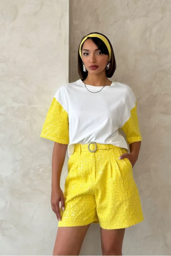 Kol Detaylı Toptan Şort - Sarı | Topshow