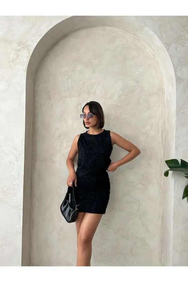 Boncuk İşlemeli Toptan Etek - Siyah | Topshow