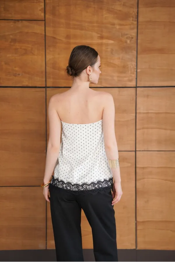 Polka Dot Lace Detail Satin Bustier - Cream | D2963 - Topshow