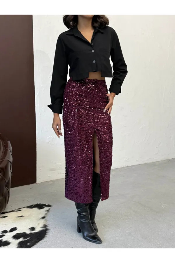 Jupe longue en velours à paillettes F 2053 - Bordeaux