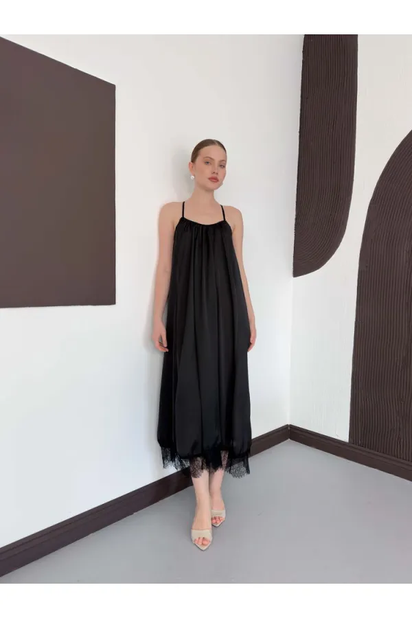 D 3022 DANTEL DETAYLI SATEN ELBİSE - SİYAH