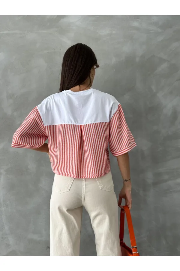 T-shirt Topshow à rayures orange en popeline à manches en gros