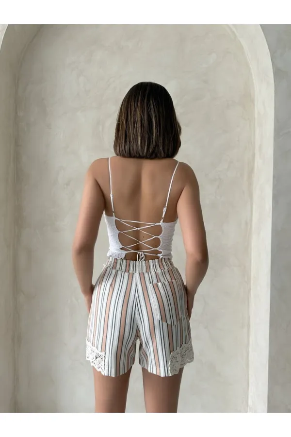 Paça Dantelli Çizgili Şort - Pudra | Topshow