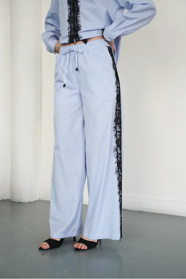 Lace Detail Striped Wholesale Trousers - Blue | F2083 - Topshow