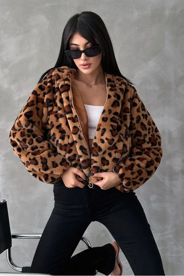 Leopar Bskılı Pejuş Toptan Mont - Camel Leopar | TOPSHOW | F1654