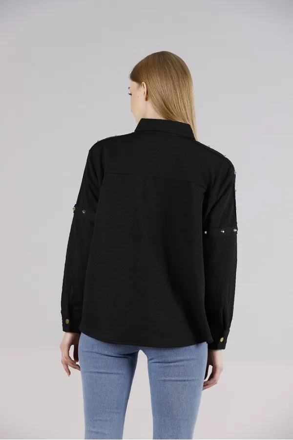 Metal Detailed Wholesale Shirt - Black | TOPSHOW | F1326