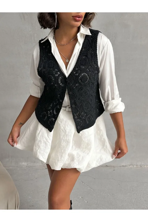 Topshow Siyah Düğmeli Dantelli Toptan Yelek