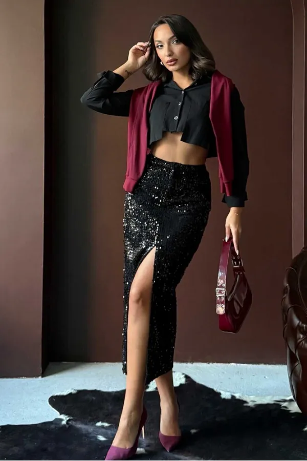 Jupe longue en velours à paillettes F 2053 - Noir