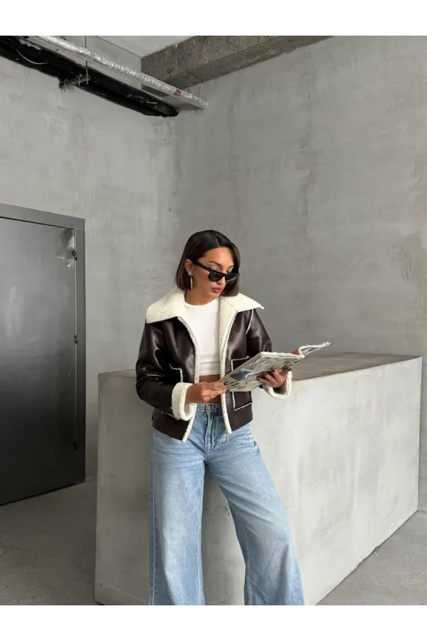 Manteau zippé en cuir laminé - Crème café | TOPSHOW | F1511