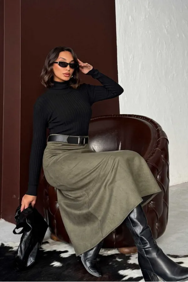 Topshow Scuba Suede Skirt - Khaki | F2004
