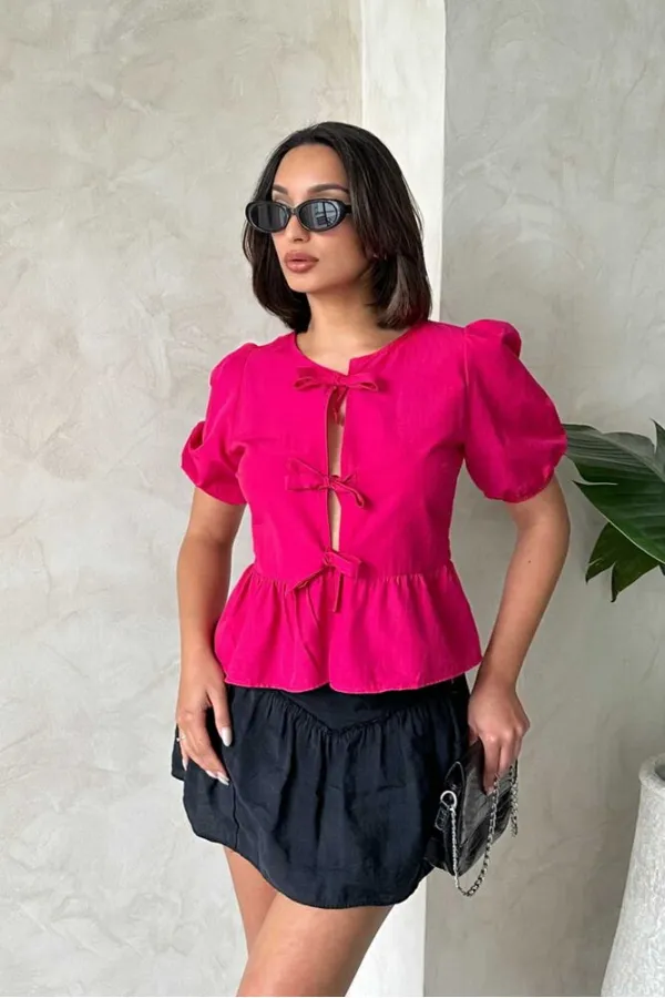 Topshow Fuşya Önden Bağlamalı Poplin Toptan Bluz