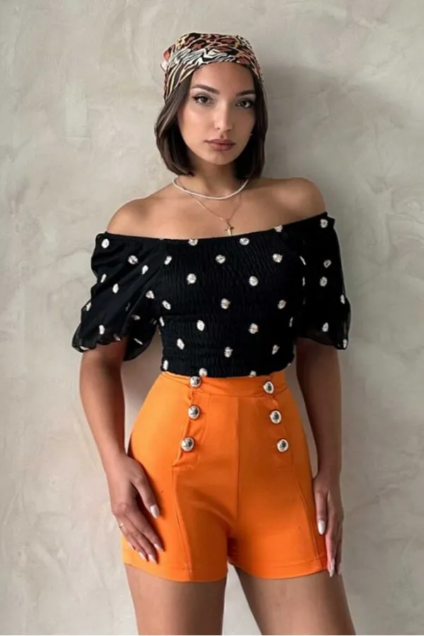 Blouse en mousseline à motifs détaillés noirs Topshow, vente en gros