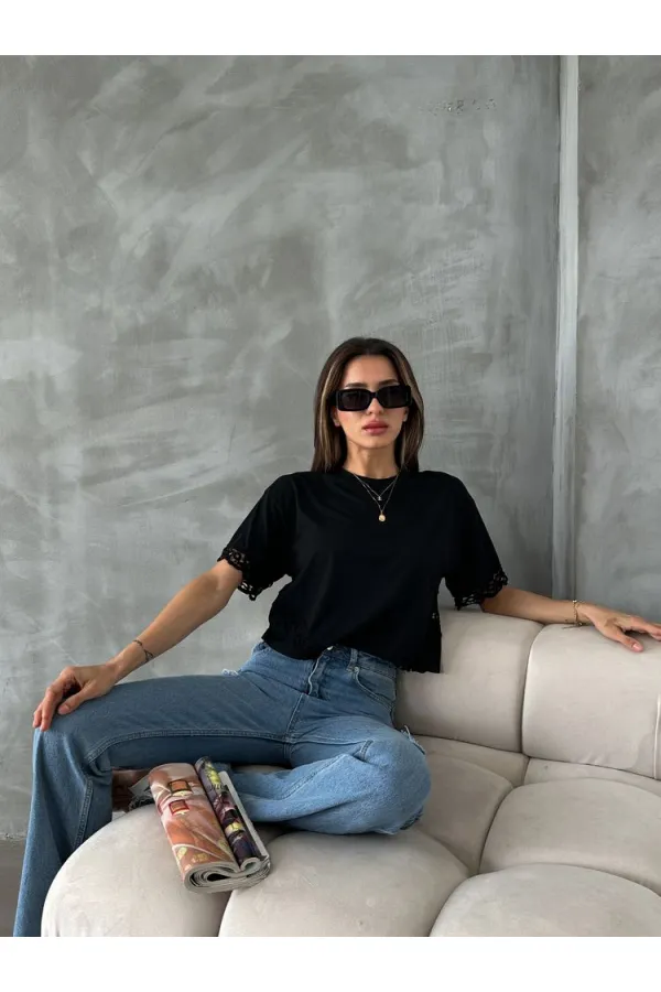 Topshow Siyah Dantel Detaylı Toptan Tişört