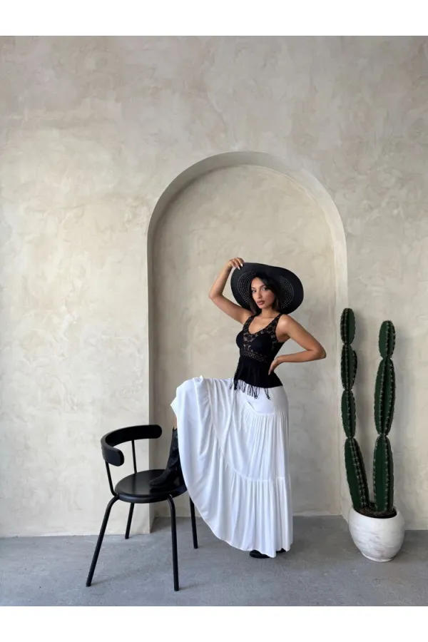 Güpür Detaylı Askılı Toptan Bluz   Siyah | Topshow