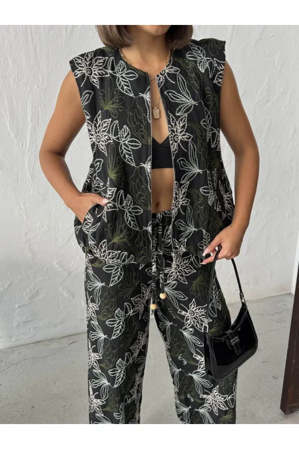 Topshow Embroidered Linen Zippered Wholesale Vest - Black | F2007