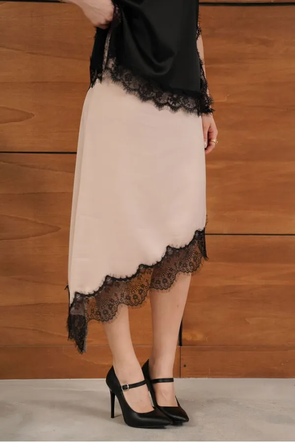 D 2951 LACE ASYMMETRICAL SKIRT - STONE
