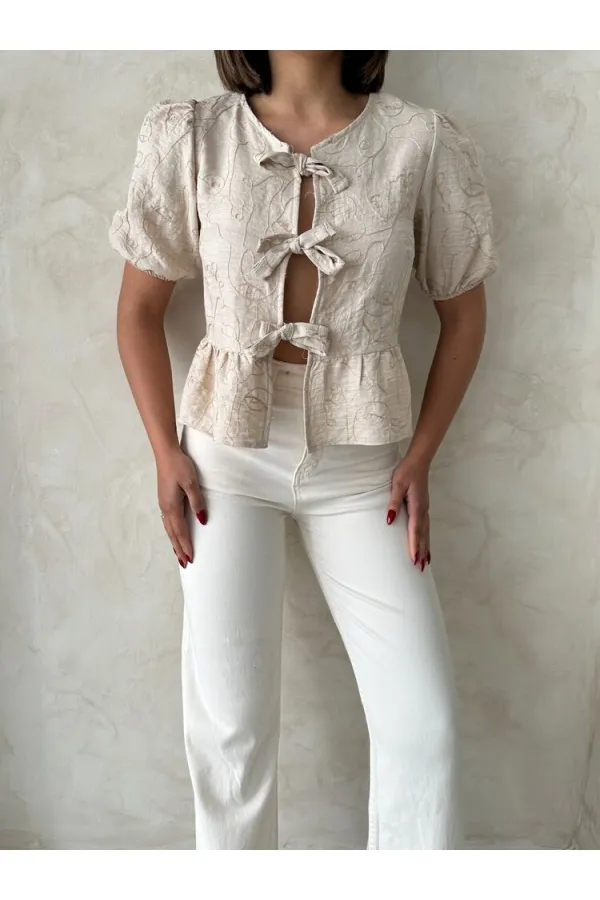 Önden Bağlamalı Nakışlı Toptan Bluz - Taş | Topshow
