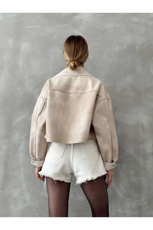 Nubuk Yakası Kürklü Toptan Mont - Taş | TOPSHOW | F1577