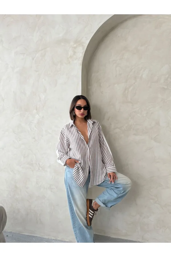 Chemise rayée en lin - Marron | Topshow | F1919