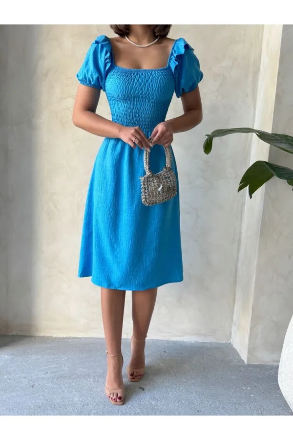 Gipeli Kayık Yaka Keten Elbise - Koyu Mavi | Topshow