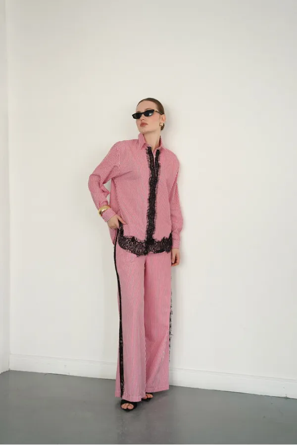 Lace Detail Striped Wholesale Trousers - Burgundy | F2083 - Topshow