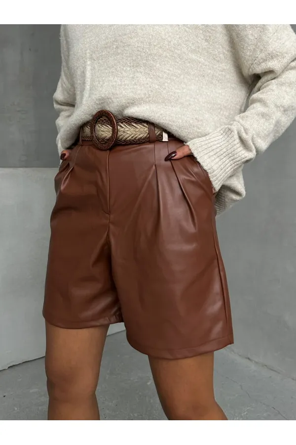 Kemerli Deri Toptan Şort - Taba | TOPSHOW | F1497