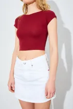 Kadın Bordo (25511) Bisiklet Yaka Full Likra Ribana Kısa Tişört