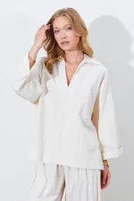 Chemise ample à col en V profond et manches coudes pour femme, couleur pierre