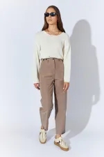 Kadın Vizon Beli Düğmeli Çift Dikişli Pantolon