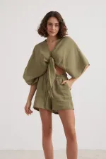 Kadın Haki Yarasa Kol Ön Bağlamalı Gömlek