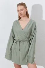 Kadın Haki Kruvaze Yaka İp Bağlamalı Ceket