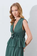 Kadın Haki Kolsuz Beli Gipeli Fiyonk Desenli Bluz