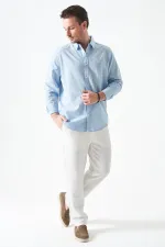 Erkek Mavi Uzun Kol Basic Pamuk Flam Regular Gömlek
