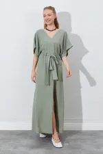 Kadın Haki Düşük Kol Beli Tünel Kemerli Keten Uzun Elbise