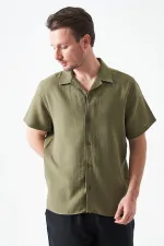 Erkek Haki Kısa Kol Apaj Yaka Müslin Regular Gömlek