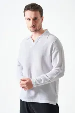 Erkek Beyaz Uzun Kol V Ayaklı Yaka Regular Müslin Gömlek