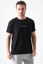 T-shirt noir à col rond en modal pour homme avec imprimé MANFECTUREO