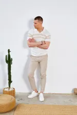 Erkek Ekru Apaş V Yaka Göğüs Ve Kol Çizgili Triko Tişört