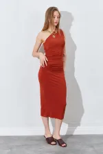 Kadın Kiremit Tek Omuz Yanı Drapeli Sandy Elbise