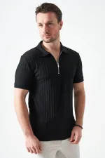 Erkek Siyah Ayaklı Yaka Fermuarlı Ağır Jakar Tişört