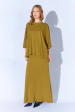 Kadın Yağ Yeşili 172 Düşük Kol Bluzlu Uzun Pike Modal Etekli Takım