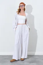 Kadın Naturel Beli Lastikli Palazzo Keten Pantolon