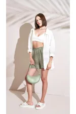 Kadın Ekru Kendinden Çizgili Oversize Gömlek