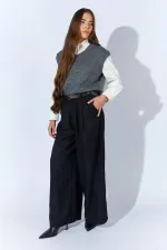 Kadın Siyah Beli Kalın Kemer Palazzo Pantolon