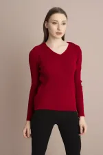 Kadın Kırmızı V Yaka Fitilli Triko